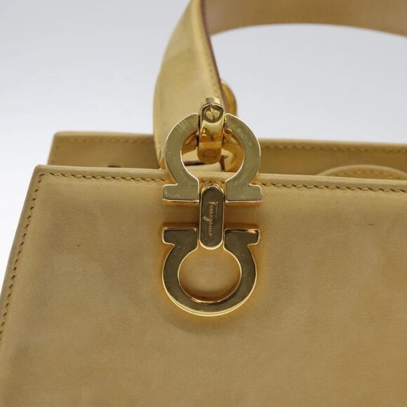 Salvatore Ferragamo Gancini Hand Bag Suede Beige Gold - Picture 9 of 16